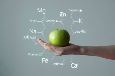  Kadının elinde yeşil elma, arkasında vitaminler ve mikroelementler olan moleküler yapı. Ürün reklamları için diyet gıda ve vitamin konsepti şablonu.