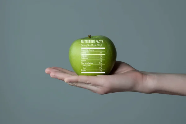 Woman`s hand holding green apple, nutrition facts label on green apple.Dietary food and vitamins concept template for product advertising.