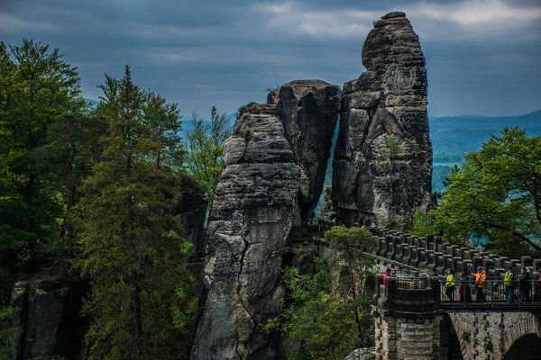 The Bastei is a rock formation towering above the Elbe River in the Elbe Sandstone Mountains of Germany, Dreden, Saxony