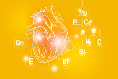 Kalp sağlığı için temel besinler Q10, Kalsiyum, Magnezyum, Vitamin F.Design seti moleküler ızgara, mikro besin ve sarı arka planda vitamin içeren ana insan organları..