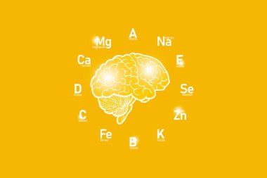 Temel vitaminler ve insan sağlığı için mikroelementlerle stilize edilmiş saat yüzü, el yapımı insan beyni, sarı arka plan. Ana organların ve sağlık konsepti tasarımının detoks edilmesi.
