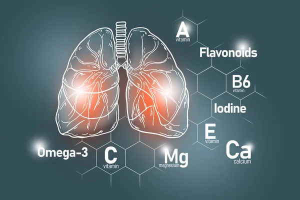Alapvető Tápanyagok Tüdők Egészségéhez Beleértve Omega Flavonoidokat Magnéziumot Jódot Emberi — Stock Fotó