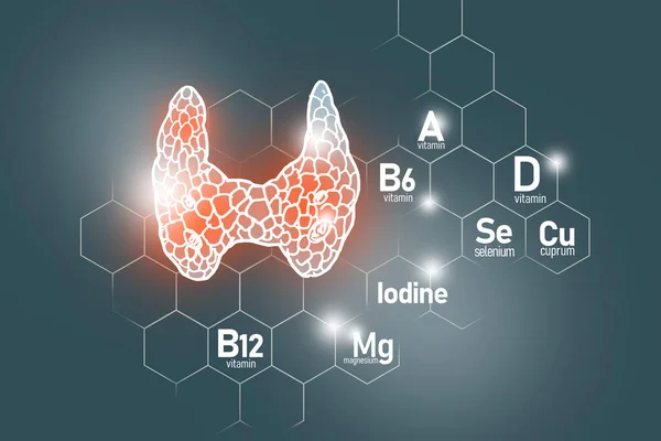 Essential Nutrients Thyroid Gland Health Including Iodine Selenuim Vitamin Cuprum — Stock Photo, Image