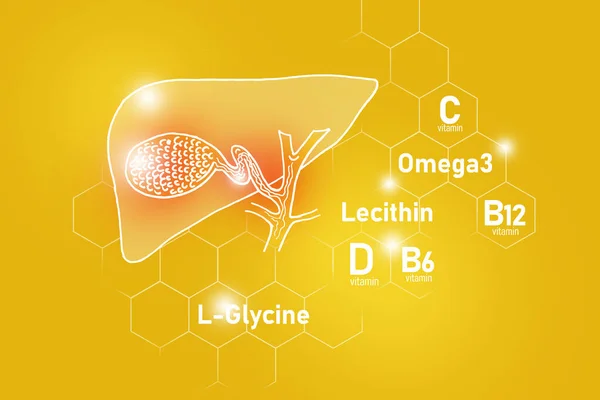 Essential nutrients for Gall Bladder health including Omega 3, L-Glycine, Omega3, Lecithin.Design set of main human organs with molecular grid, micronutrients and vitamins on yellow background.