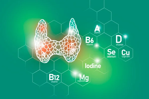 İyot, Selenuim, B6 vitamini, Cuprum dahil olmak üzere tiroid bezi sağlığı için temel besinler. Açık yeşil zemin üzerine moleküler ızgara, mikro besinler ve vitaminler içeren insan organları dizayn seti..