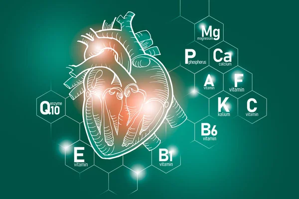 Viktiga Näringsämnen För Hjärtats Hälsa Inklusive Q10 Kalcium Magnesium Vitamin — Stockfoto