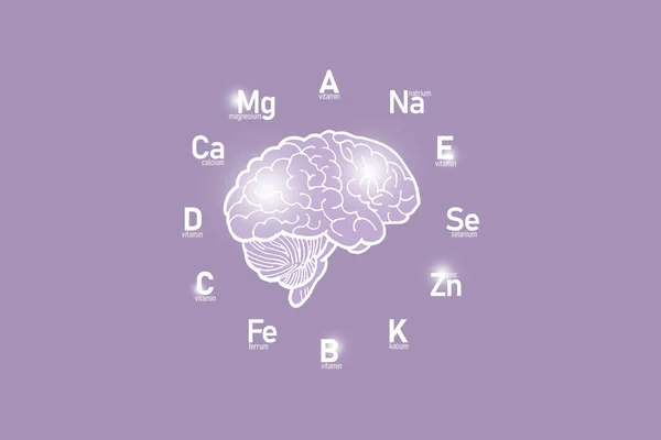 Stylized clockface with essential vitamins and microelements for human health, hand drawn human Brain, lilac background. Detox of main organs and healthcare concept design mockup.