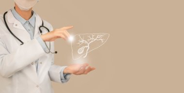 Female doctor holding virtual Gall Bladder in hand. Handrawn human organ, copy space on right side, beige color. Healthcare hospital service concept stock photo clipart