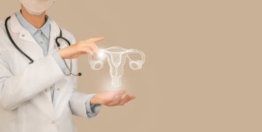 Female doctor holding virtual Uterus in hand. Handrawn human organ, copy space on right side, beige color. Healthcare hospital service concept stock photo clipart