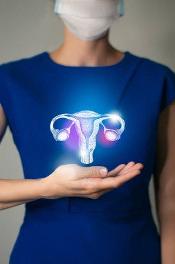 Woman in blue clothes holding virtual Uterus in hand. Handrawn human organ, detox and healthcare, healthcare hospital service concept stock photo clipart