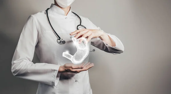 Dokter Wanita Memegang Perut Virtual Tangan Organ Tubuh Manusia Salinan — Stok Foto