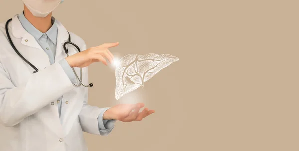 Female doctor holding virtual Liver in hand. Handrawn human organ, copy space on right side, beige color. Healthcare hospital service concept stock photo