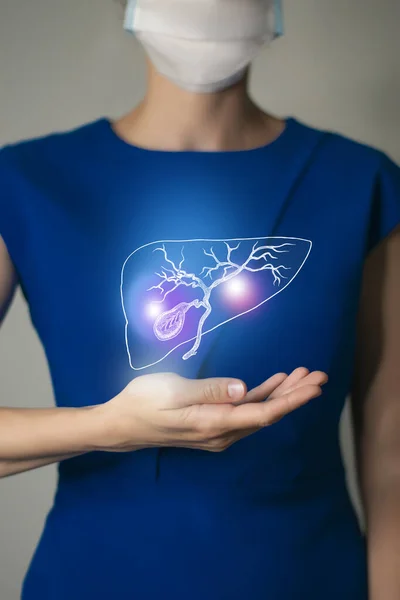 Vrouw Blauwe Kleren Met Virtuele Galblaas Hand Handrawn Menselijk Orgaan — Stockfoto