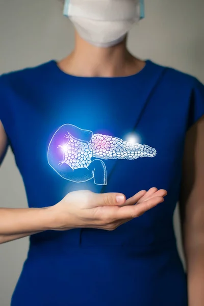 Woman Blue Clothes Holding Virtual Pancreas Hand Handrawn Human Organ — Stock Photo, Image