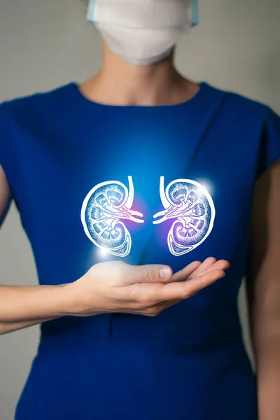 Vrouw Blauwe Kleren Met Virtuele Nieren Hand Handrawn Menselijk Orgaan — Stockfoto
