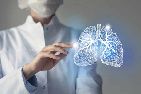 Doctora Toca Los Pulmones Virtuales Mano Foto Borrosa Órgano Humano —  Fotos de Stock