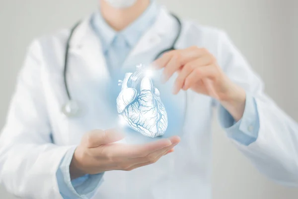 Kvinnlig Läkare Håller Virtuella Hjärta Handen Handrawn Mänskliga Organ Suddig — Stockfoto