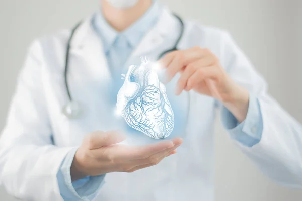 Kvinnlig Läkare Håller Virtuella Hjärta Handen Handrawn Mänskliga Organ Suddig — Stockfoto