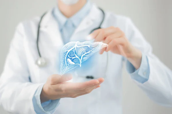 Kvinnlig Läkare Håller Virtuell Lever Handen Handrawn Mänskligt Organ Suddigt — Stockfoto