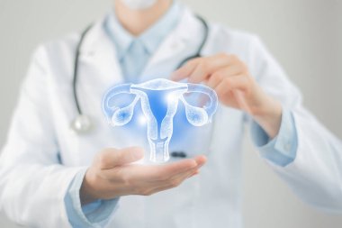 Female doctor holding virtual Uterus in hand. Handrawn human organ, blurry photo, raw colors. Healthcare hospital service concept stock photo clipart