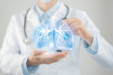 Female doctor holding virtual Lungs in hand. Handrawn human organ, copy space on right side, raw photo colors. Healthcare hospital service concept stock photo clipart