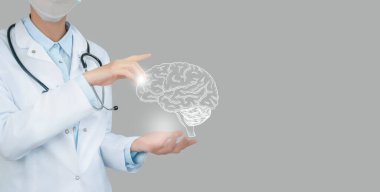 Female doctor holding virtual Brain in hand. Handrawn human organ, copy space on right side, raw photo colors. Healthcare hospital service concept stock photo clipart
