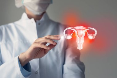 Female doctor touches virtual Uterus in hand. Blurred photo, handrawn human organ, highlighted red as symbol of disease. Healthcare hospital service concept stock photo clipart