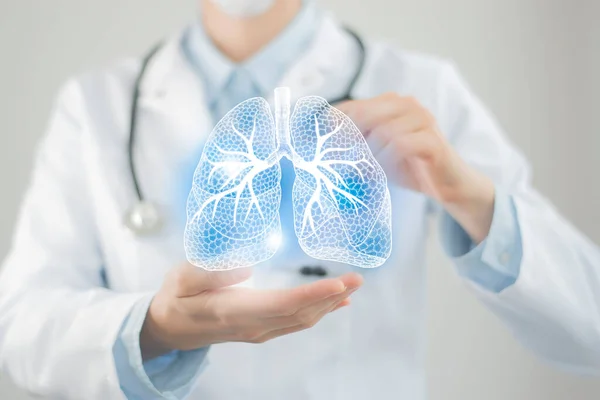 Doctora Sosteniendo Pulmones Virtuales Mano Órgano Humano Dibujado Mano Espacio — Foto de Stock