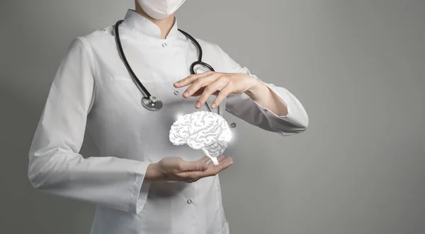 Female Doctor Holding Virtual Volumetric Drawing Brain Hand Handrawn Human — Stock Photo, Image