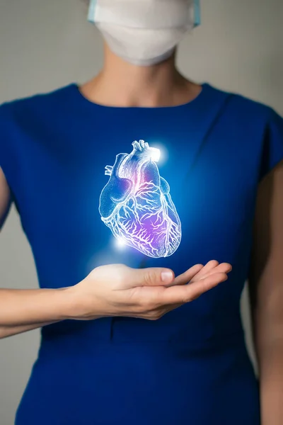 Woman Blue Clothes Holding Virtual Heart Hand Handrawn Human Organ — Stock Photo, Image