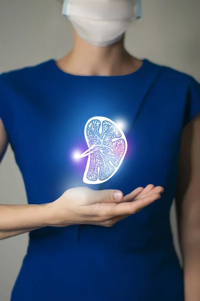 Mujer Con Ropa Azul Sosteniendo Dibujo Virtual Bazo Mano Órgano — Foto de Stock