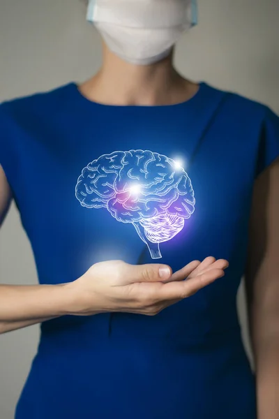 Woman Blue Clothes Holding Virtual Brain Hand Handrawn Human Organ — Stock Photo, Image