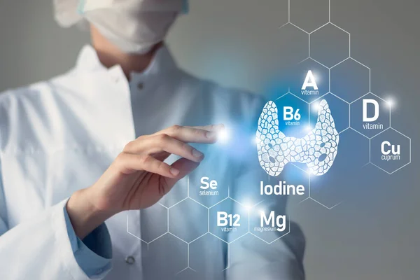 Essential nutrients for Thyroid Gland health including Iodine, Selenuim, Vitamin B6, Cuprum. Blurred portrait of doctor holding highlighted blue Thyroid Gland.