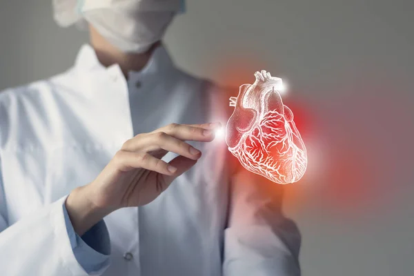 Female Doctor Touchstone Virtual Heart Hand Blurred Photo Handrawn Human — Stockfoto