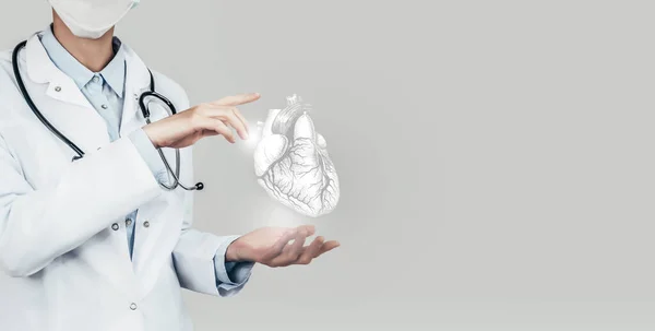 Female Doctor Holding Virtual Volumetric Drawing Heart Hand Handrawn Human — Stock Photo, Image