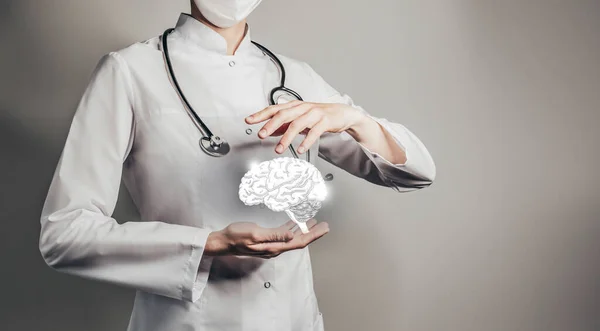 Female Doctor Holding Virtual Volumetric Drawing Brain Hand Handrawn Human — Stock Photo, Image