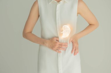 Beyaz elbiseli tanınmayan bir kadın hasta, ellerinde çizilmiş dalak var. İnsan dalağı sorunları konsepti.