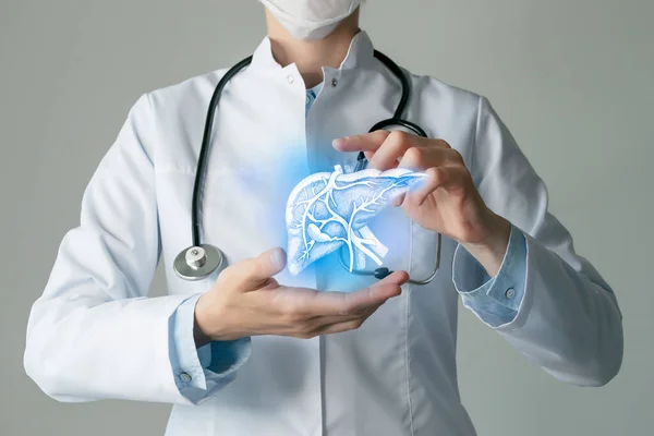 Liver Issues Medical Concept Photo Female Doctor Empty Space — Stock Photo, Image