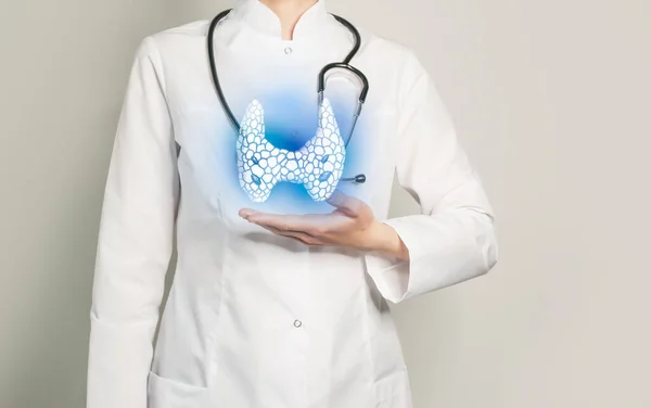 Thyroid gland issues medical concept. Photo of female doctor, empty space.