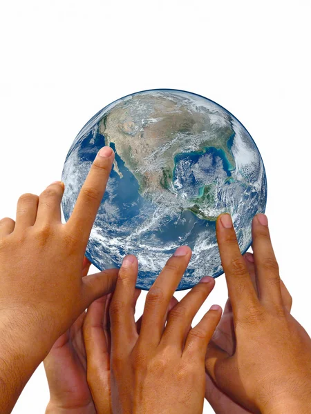 Earth towering human hand — Stock Photo, Image