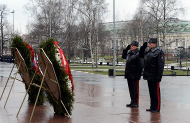 The ceremony of laying flowers and wreaths at the Tomb of the Unknown Soldier during the celebrations of the day of defender of the Fatherland.