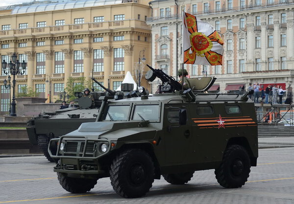 The armored car "Tiger-M" at the rehearsal of the parade dedicated to Victory Day.
