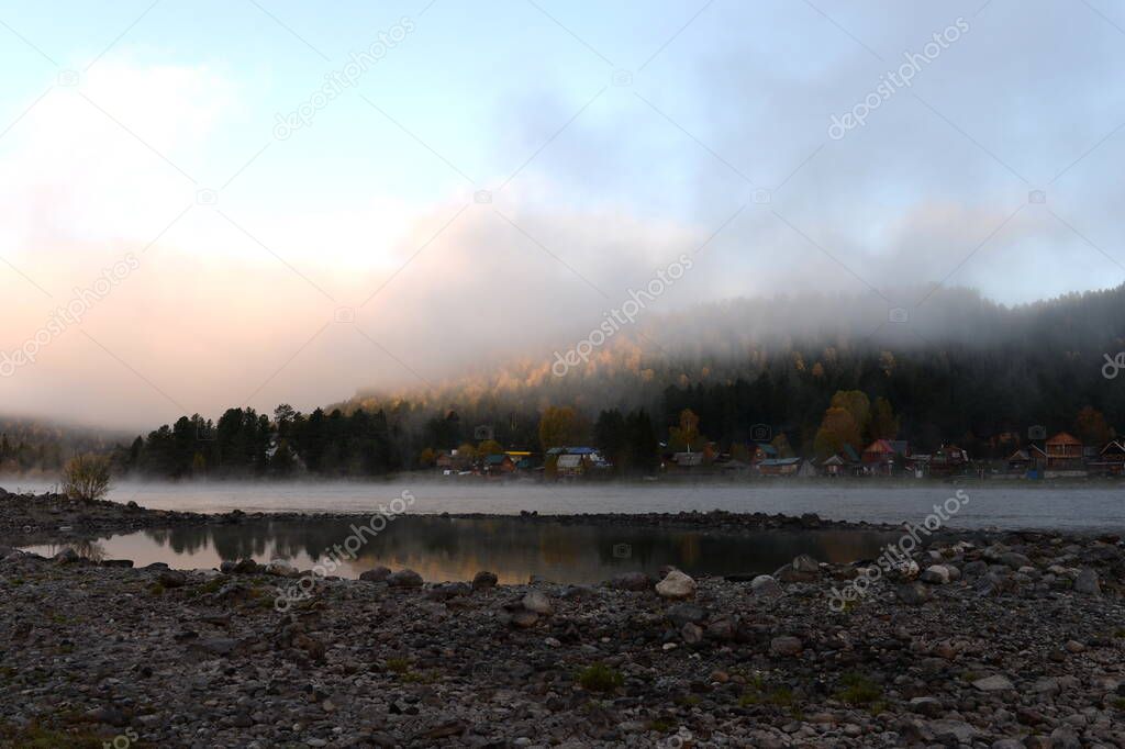 ALTAI REPUBLIC, RUSSIA - SEPTEMBER 28, 2020:Morning on the mountain river Biya. Altai Republic