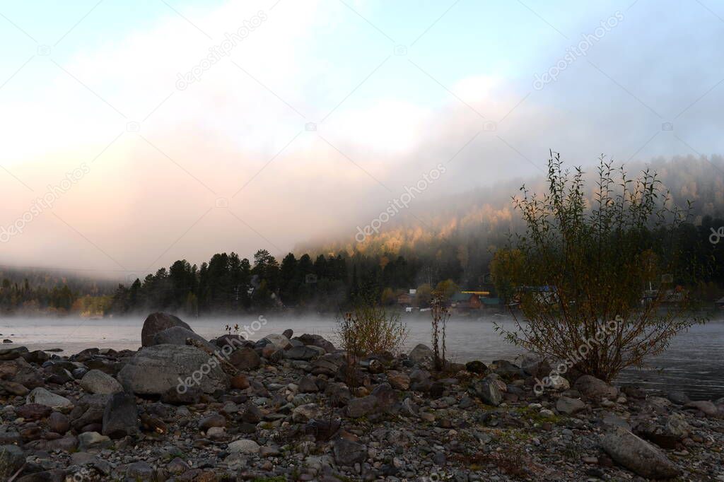 ALTAI REPUBLIC, RUSSIA - SEPTEMBER 28, 2020:Morning on the mountain river Biya. Altai Republic