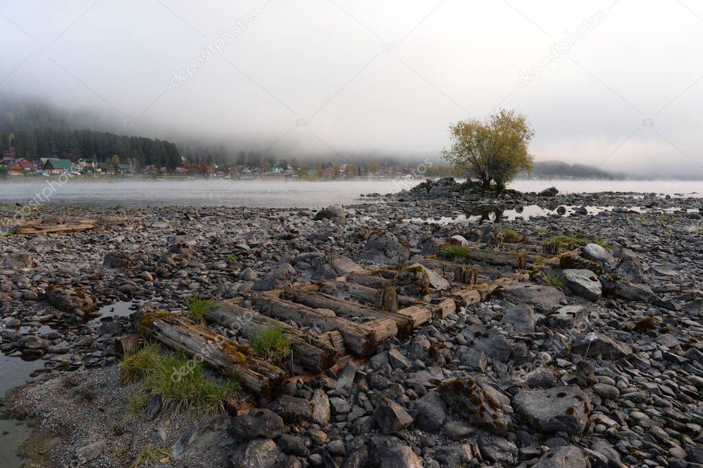 ALTAI REPUBLIC, RUSSIA - SEPTEMBER 28, 2020:Morning on Lake Teletskoye. Altai Republic