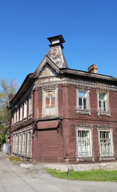 BARNAUL, RUSSIA - MAY 3, 2016:Old wooden building of the beginning of the XX century on Pushkin Street, 45 in Barnaul