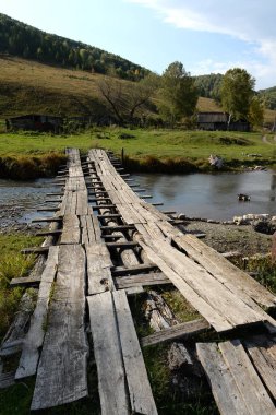 ALTAI REGION, RUSSIA - 16 EPTEMBER 2020: Taiga köyü Generalka 'daki Yarovka dağı üzerindeki köprü, Altai Krai