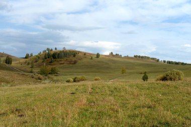 ALTAI REJYONU, RUSYA - 16 Eylül 2020: Batı Sibirya. Altai Bölgesi 'nin Charyshsky bölgesindeki Foothill manzarası