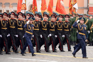 MOSCOW, RUSSIA-MAY 9, 2021:Students of the Tver Military Suvorov School during the Victory Day parade on Moscow's Red Square