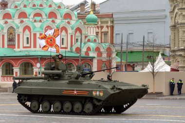 MOSCOW, RUSSIA-MAY 9, 2021:BMP-2 infantry fighting vehicle with the Berezhok combat module at the parade in honor of the 76th anniversary of the Victory in the Great Patriotic War in Moscow